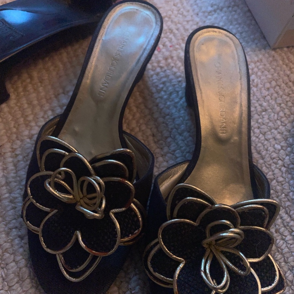 Charles Jourdan Black and Gold Floral Mules